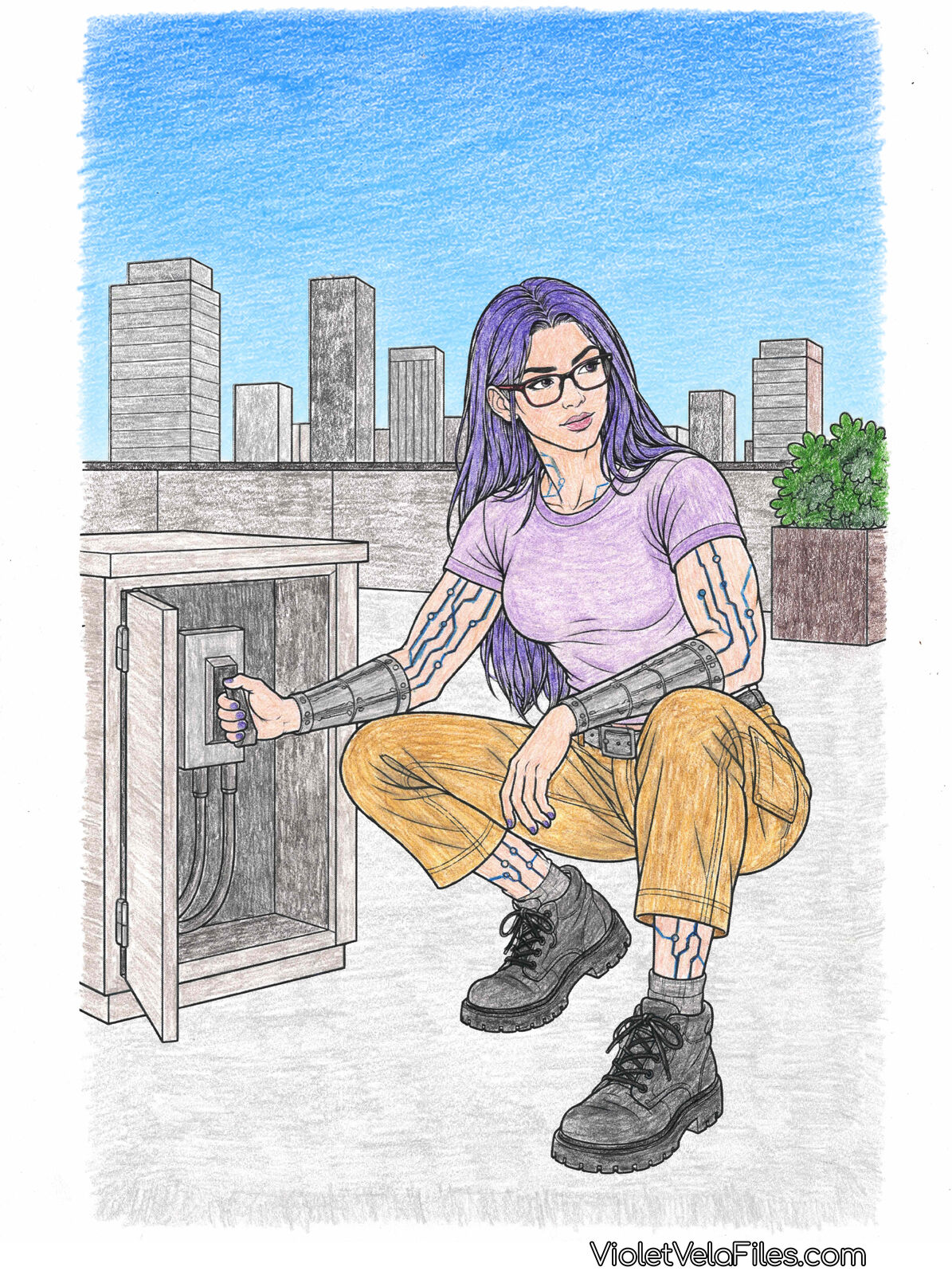 Violet Vela crouched on a rooftop working the handle of an open electrical box, in a lavender tee, mustard cargo pants, and combat boots, chrome forearms bare, the Gotham skyline behind her