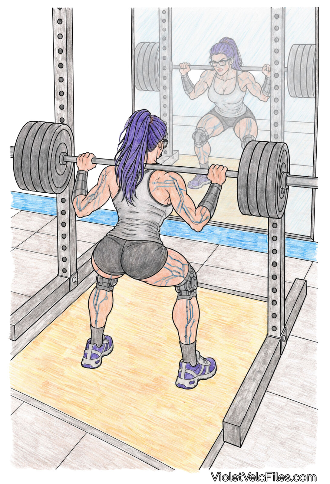 Violet Vela seen from behind in a squat rack with a loaded barbell across her shoulders, in a gray tank and black shorts, chrome knee joints and circuit traces on her legs, her reflection facing forward in the mirror