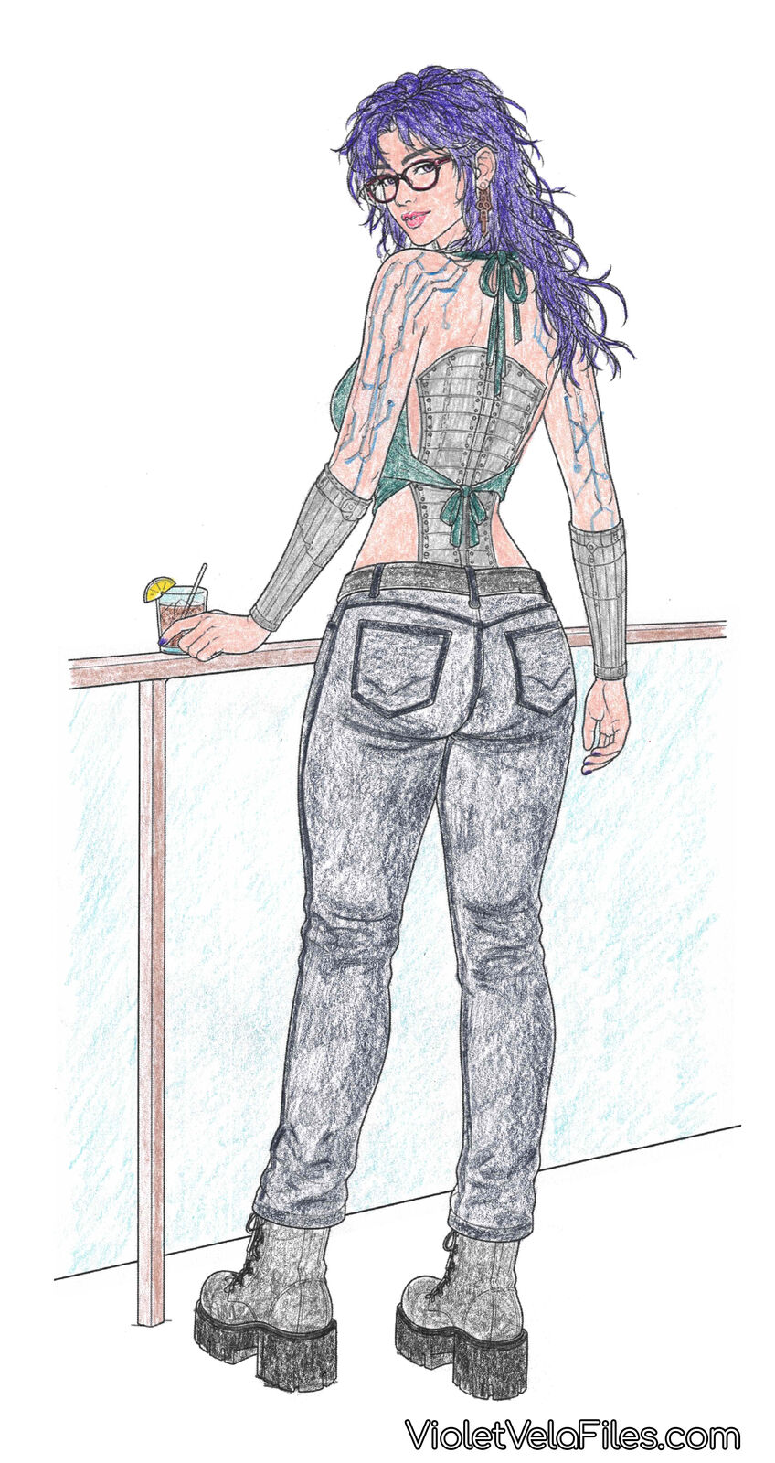Violet Vela with a purple wolf cut, seen from behind in a green halter top laced over a steel-boned back, chrome forearms resting on a bar rail beside a drink as she glances over her shoulder
