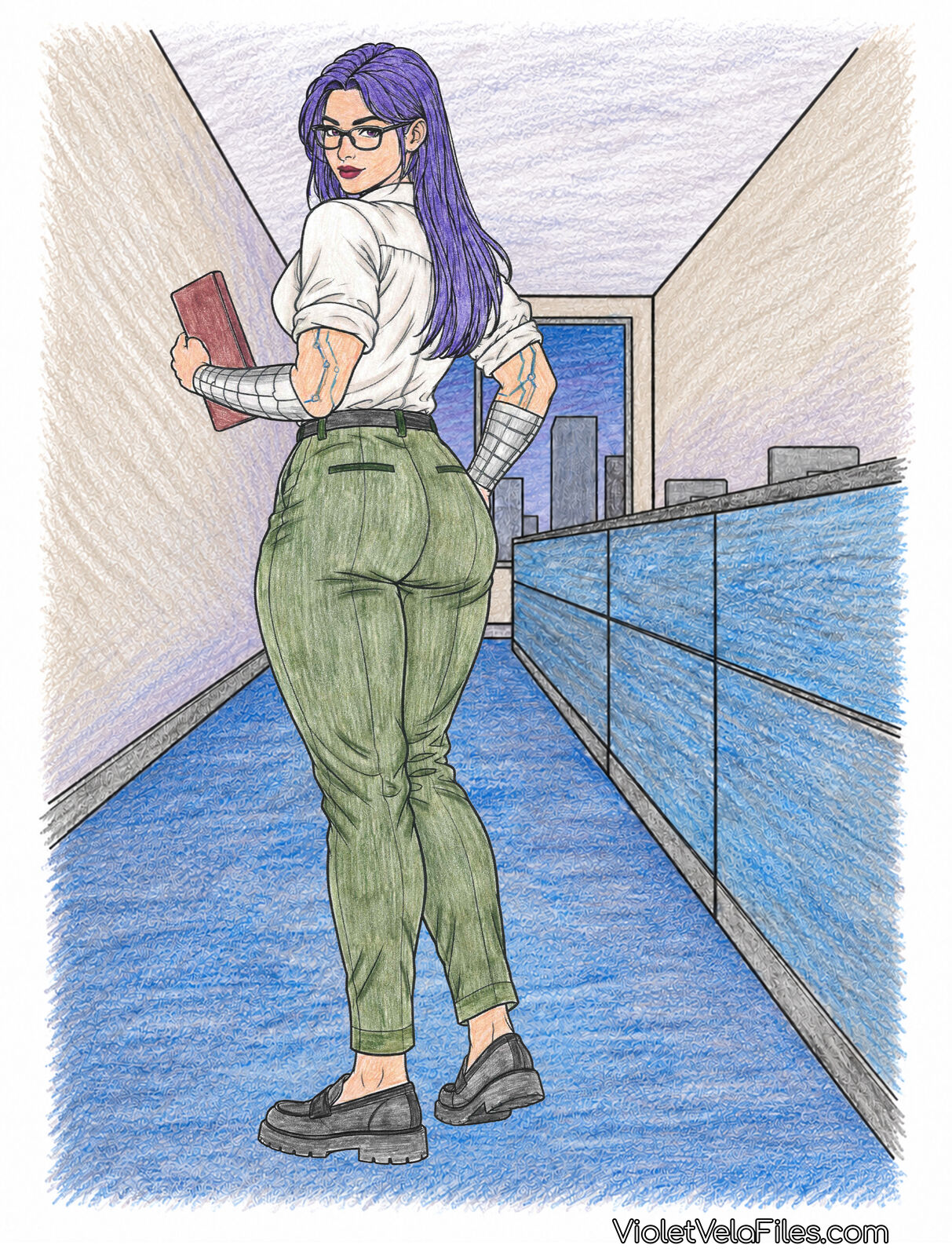 Violet Vela seen from behind in an office hallway with blue carpet, looking back over her shoulder in a white button-up with rolled sleeves, olive trousers, and black loafers, a burgundy folder in her chrome-braced hand