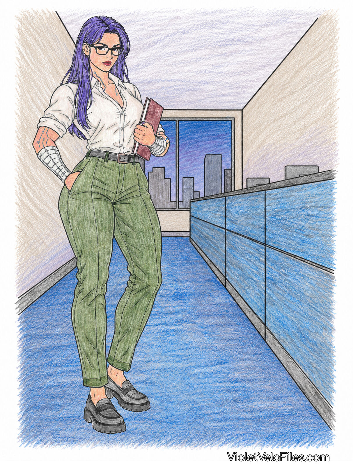 Violet Vela standing in an office hallway with blue carpet and a city window behind her, in a white button-up with rolled sleeves, belted olive trousers, and black loafers, one hand in her pocket and a burgundy folder under her arm
