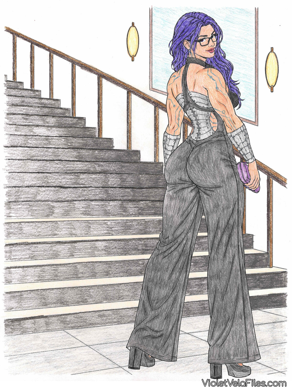 Violet Vela seen from behind at the foot of a staircase in a charcoal halter jumpsuit with an open back showing the riveted steel lumbar plate, chrome forearms, wide legs, and platform heels, a lilac clutch in hand, looking over her shoulder