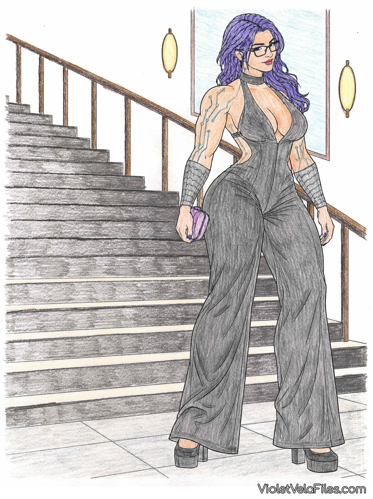 Violet Vela at the foot of a staircase with wall sconces in a charcoal plunging halter jumpsuit with wide legs, chrome forearms, and platform heels, a lilac clutch in one hand