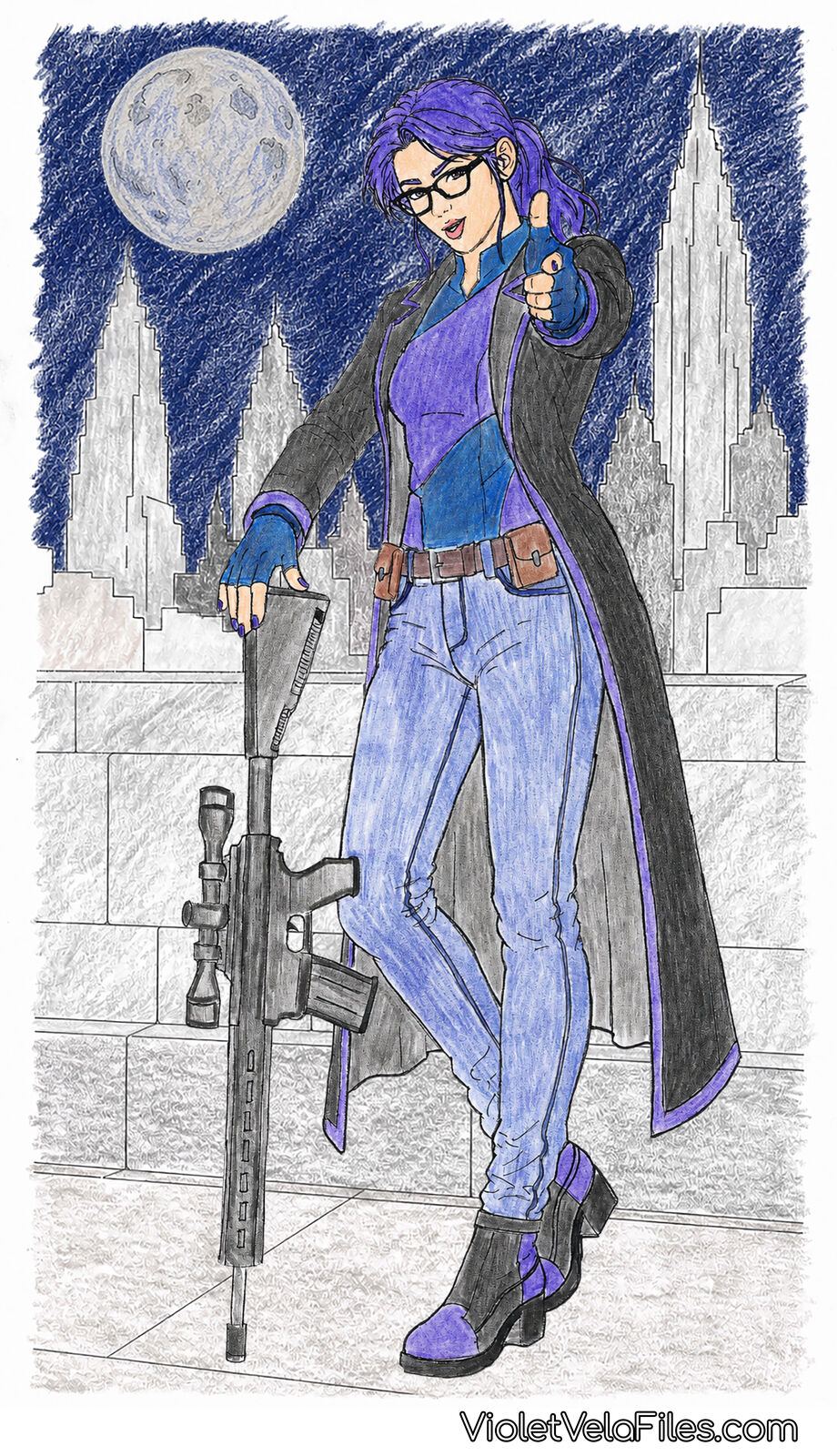 Violet Vela on a Gotham rooftop under a full moon in a long black coat with purple lining, one hand resting on the stock of a scoped rifle, the other pointing at the viewer