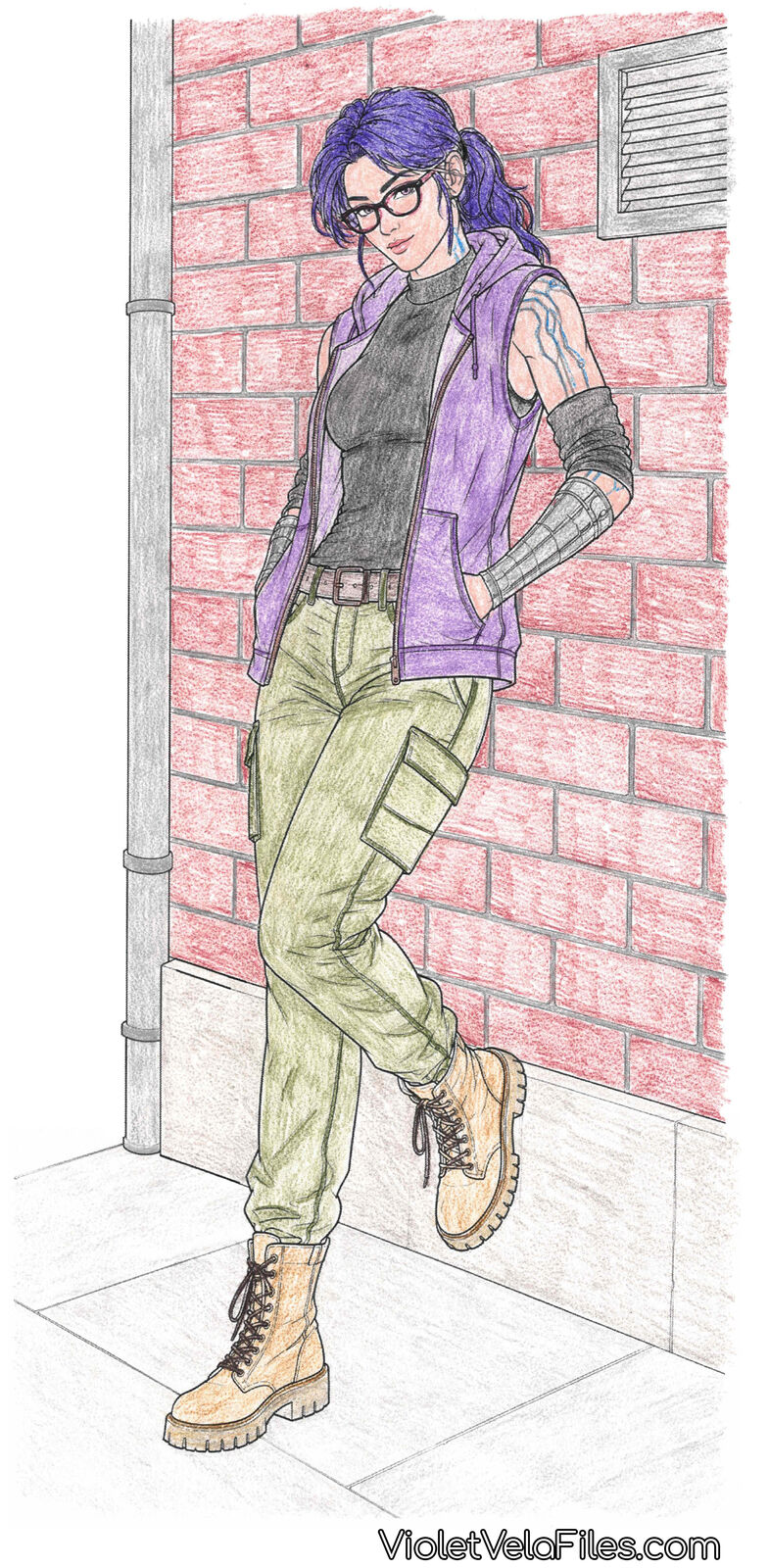 Violet Vela leaning against a red brick wall in a purple sleeveless hoodie, black turtleneck, and olive cargo pants, chrome forearms tucked into her pockets, one boot crossed over the other