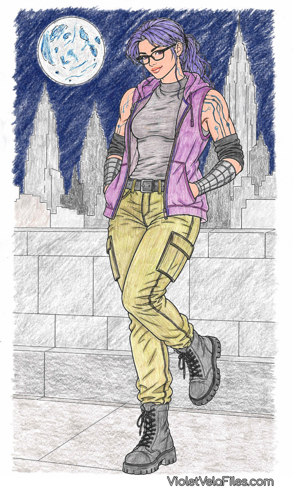 Violet Vela on a Gotham rooftop under a full moon in a purple sleeveless hoodie over a gray tee, olive cargo pants, and combat boots, chrome forearms, one boot kicked back against the ledge