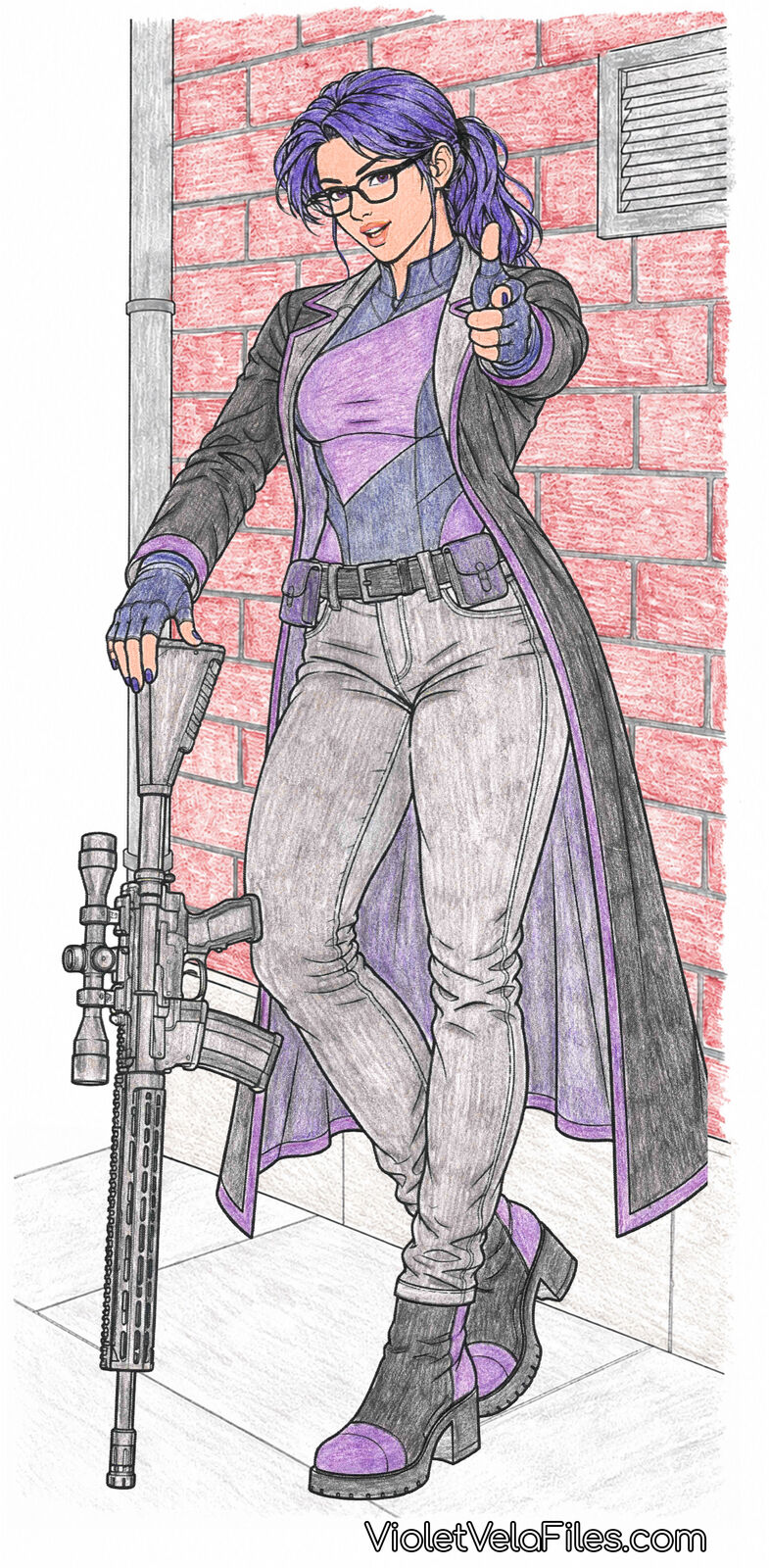 Violet Vela leaning against a red brick wall in a long black coat with purple lining over a purple top and gray jeans, one gloved hand resting on a scoped rifle, the other pointing at the viewer