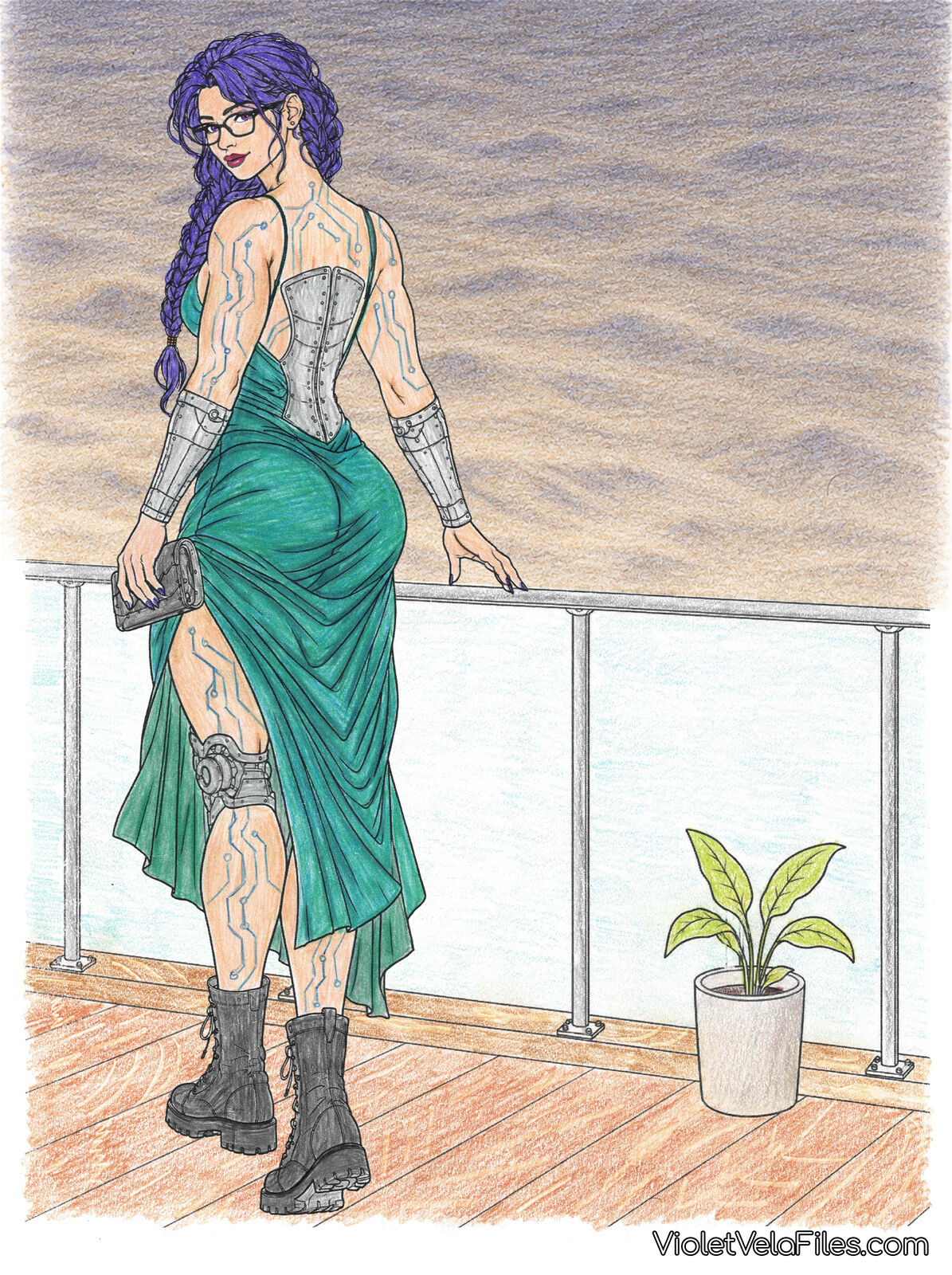 Violet Vela seen from behind at a glass deck railing over the water at dusk, in a teal slip dress with a high slit, a long fishtail braid, the steel back corset plate and chrome forearms showing, a chrome knee joint and lace-up combat boots, a silver clutch in hand
