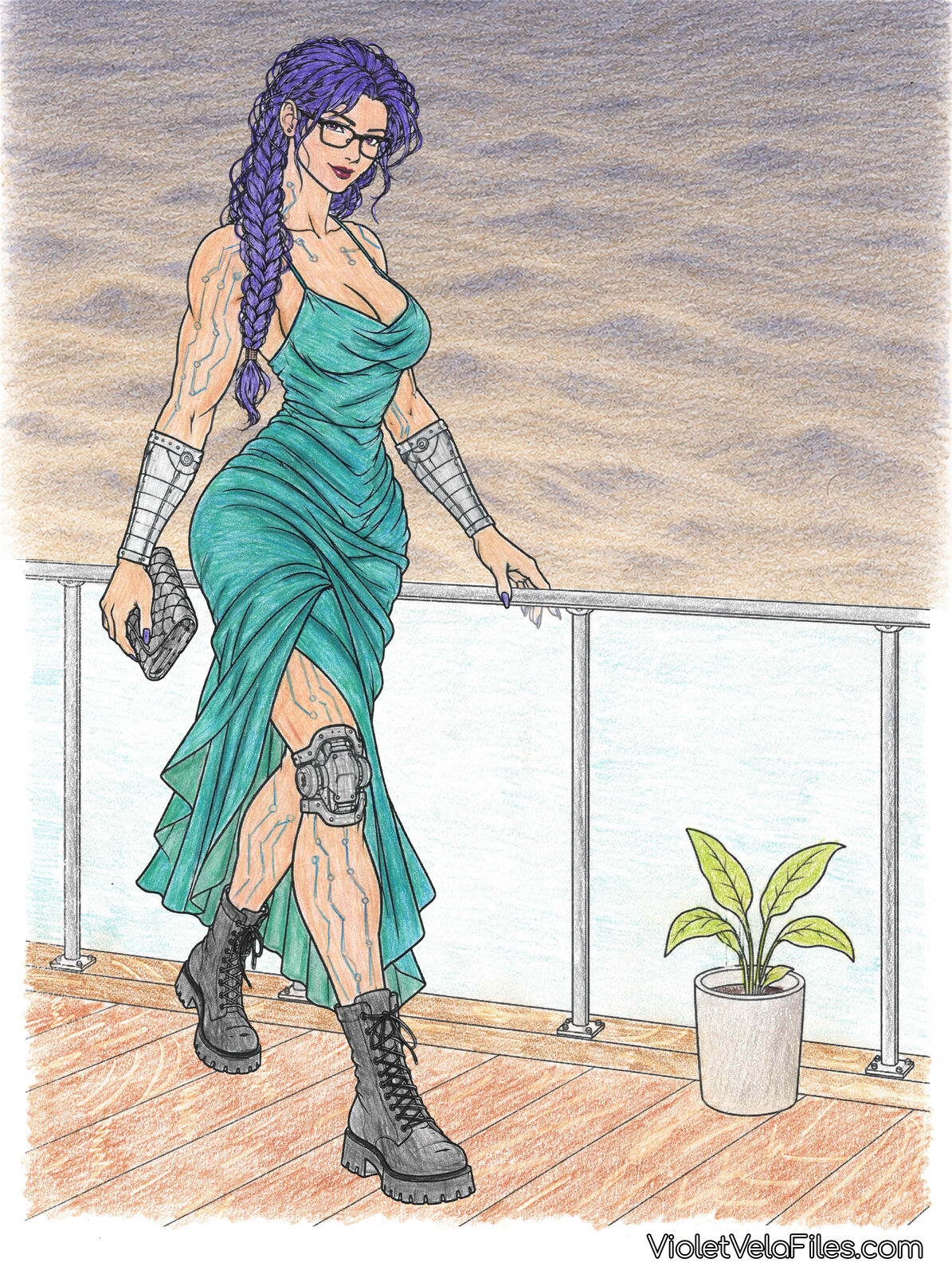 Violet Vela walking along a glass deck railing over the water at dusk in a teal cowl-neck slip dress with a high slit, a long fishtail braid, chrome forearms, a chrome knee joint, and lace-up combat boots, a silver clutch in hand