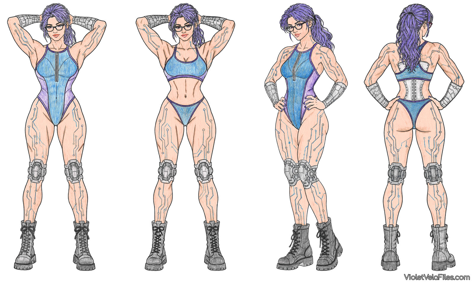 Violet Vela four-view turnaround in blue swimwear and combat boots: a zip-front one-piece from the front and three-quarter, and a two-piece from the front and back, showing chrome forearms, chrome knees, the riveted lumbar plate, and blue circuit traces on her arms and legs