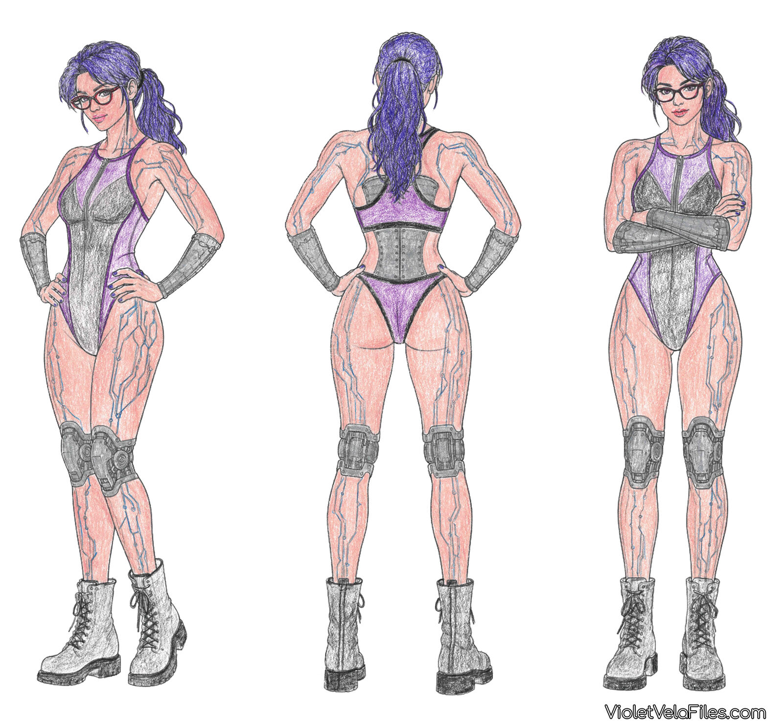 Violet Vela three-view turnaround in a gray and purple zip-front one-piece swimsuit and combat boots: three-quarter, back, and front, showing chrome forearms, chrome knees, the riveted lumbar plate, and blue circuit traces on her arms and legs