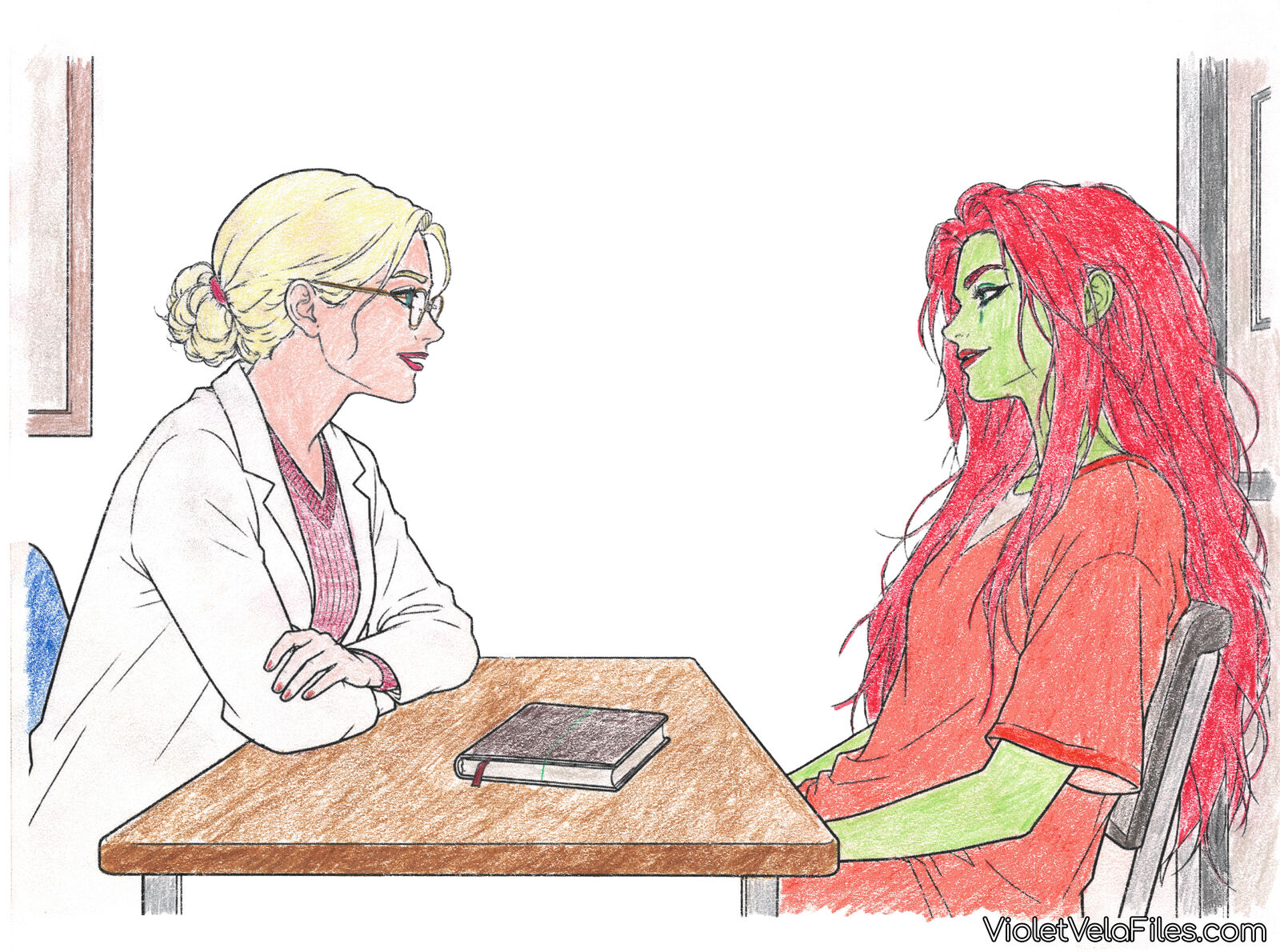 Dr. Harleen Quinzel and Pamela Isley at an Arkham table with a journal between them