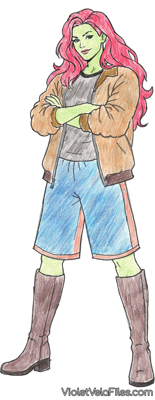 Poison Ivy in a Carhartt jacket and basketball shorts