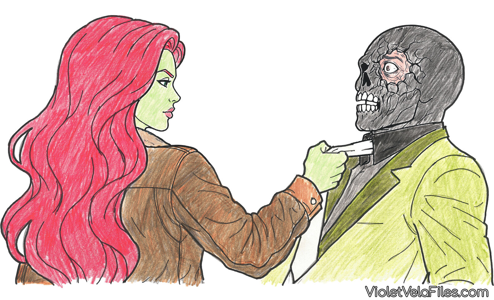 Poison Ivy lifting a masked Roman Sionis by the collar