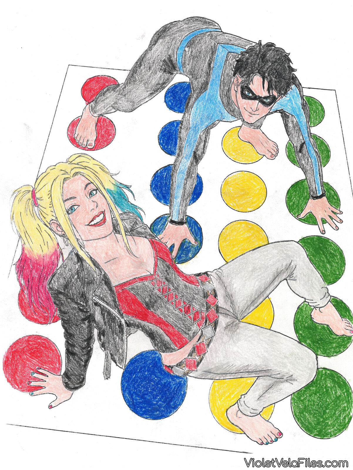 Harley Quinn and Nightwing tangled together on a Twister mat