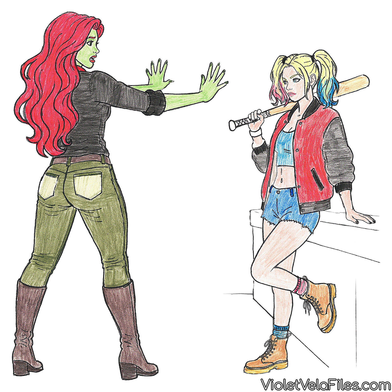 Poison Ivy facing Harley Quinn, who holds a baseball bat