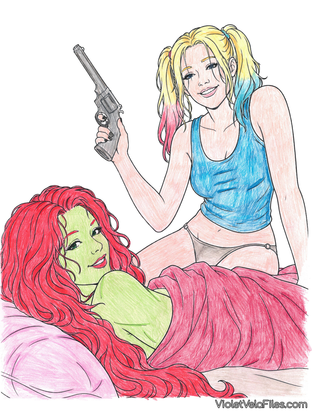 Poison Ivy and Harley Quinn with a revolver