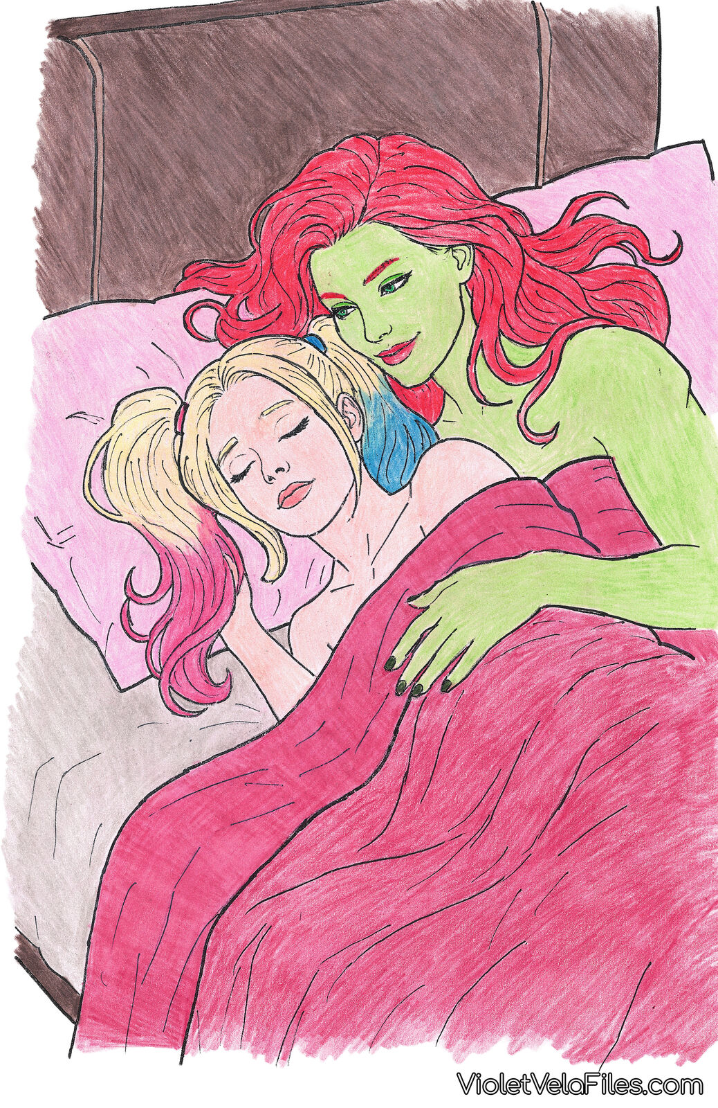 Poison Ivy holding a sleeping Harley Quinn in bed